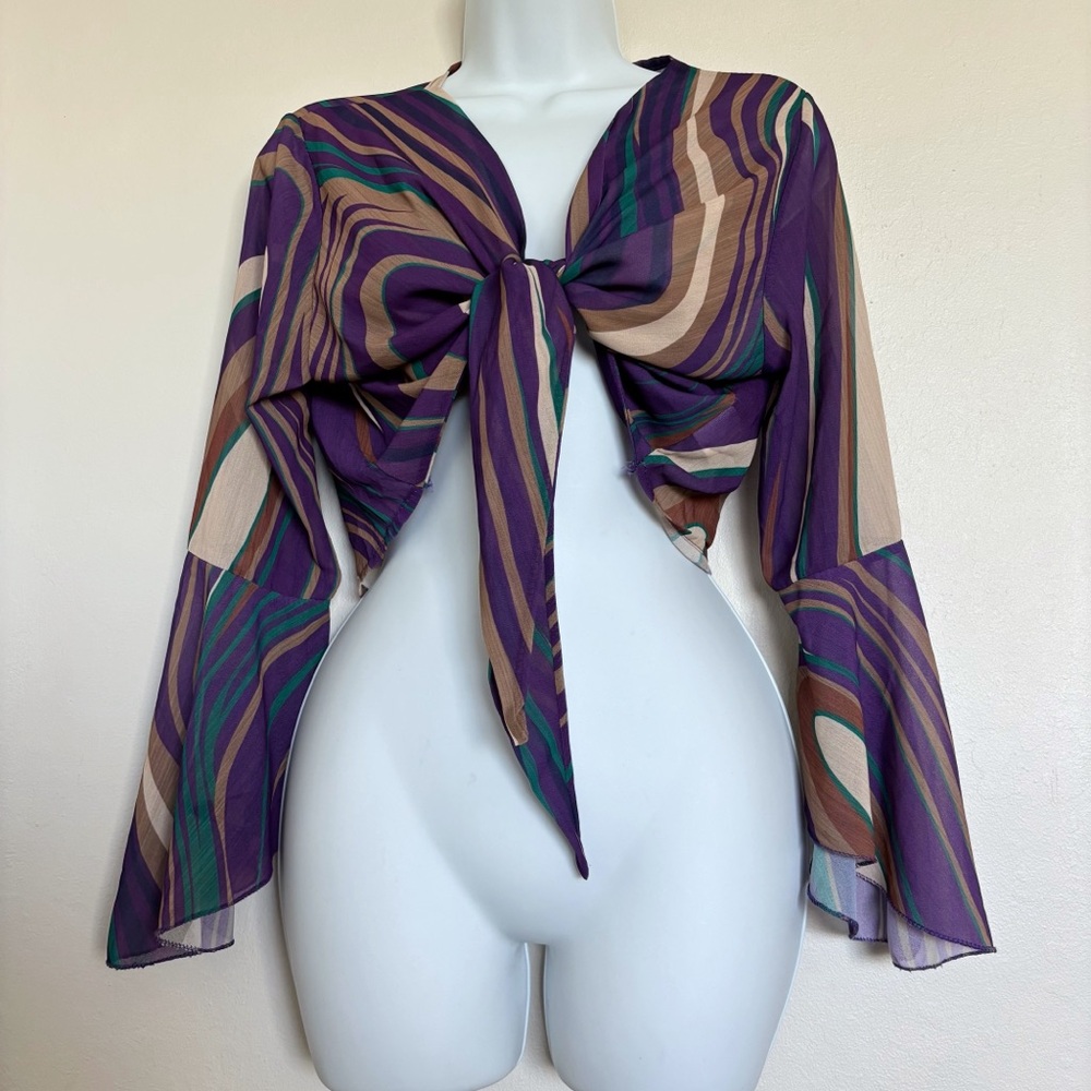 Antonello Serio Tie Front Bell Sleeve Blouse OS NEW Retro Elegant Vacation